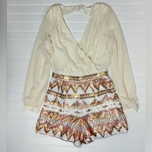 Depri cream gold sequin romper shorts long sleeve open back size small